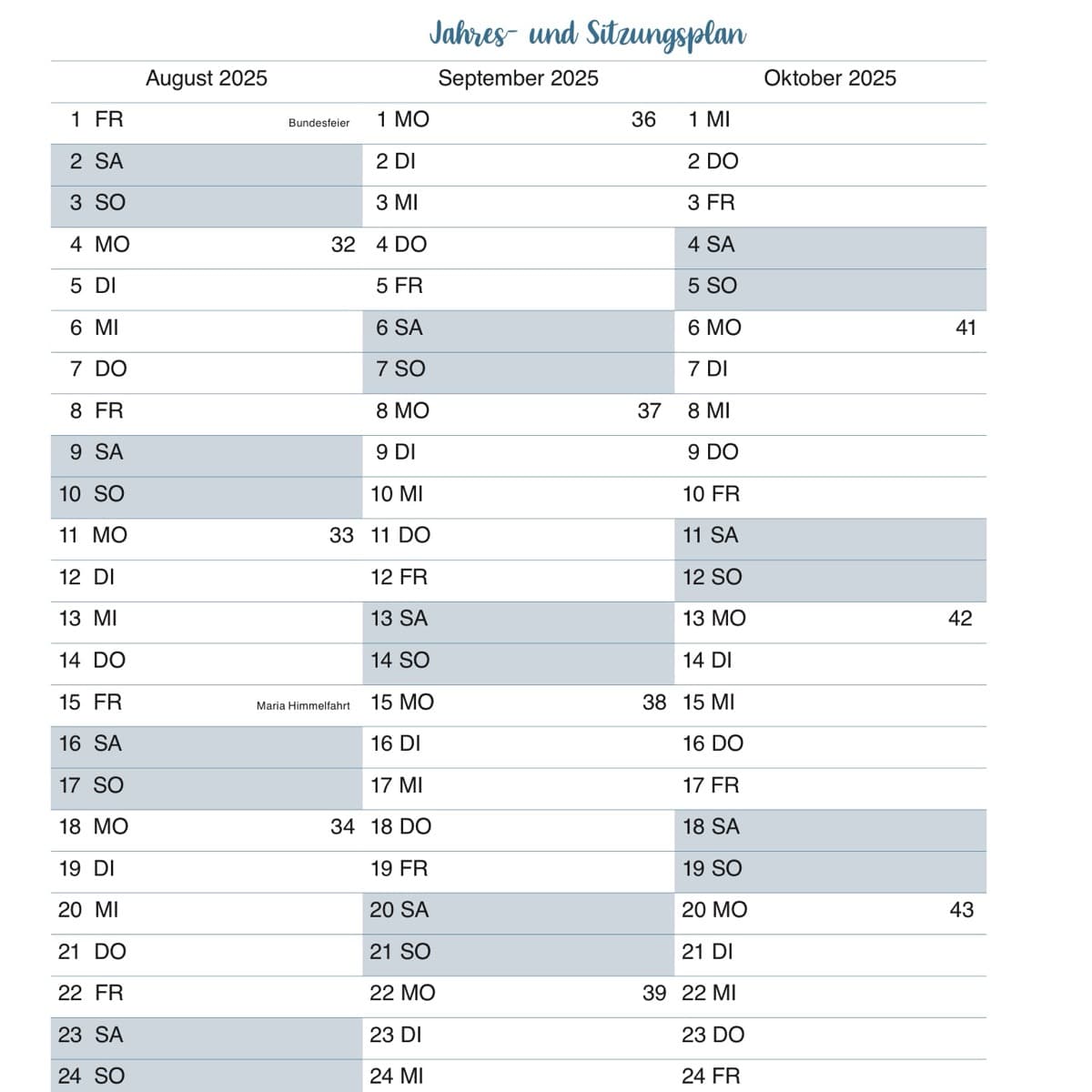 Jahres- und Sitzungsplan