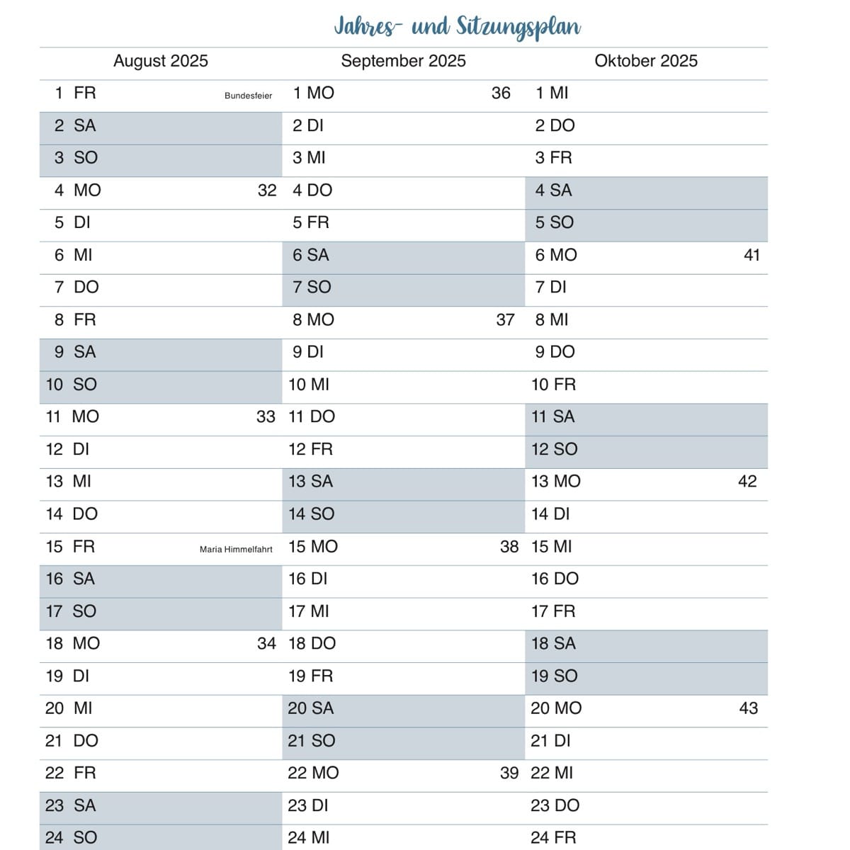 Jahres- und Sitzungsplan